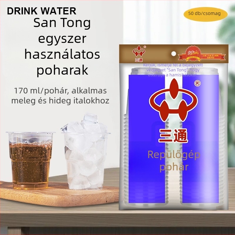 Egyszer használatos téglalap alakú műanyag pohár, PP anyagból, 101–200 ml kapacitással, víz vagy tea számára; mikrohullámú sütőben nem használható.