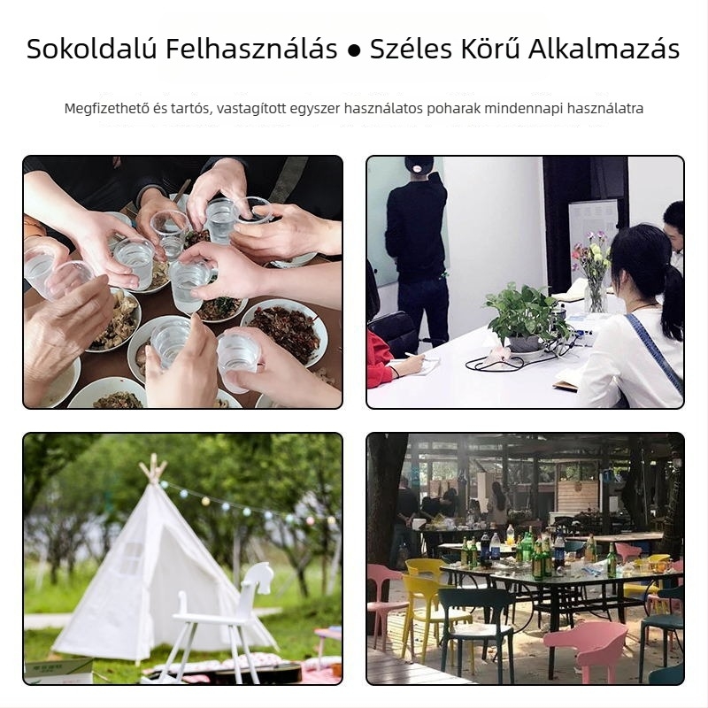 Egyszer használatos téglalap alakú műanyag pohár, PP anyagból, 101–200 ml kapacitással, víz vagy tea számára; mikrohullámú sütőben nem használható.