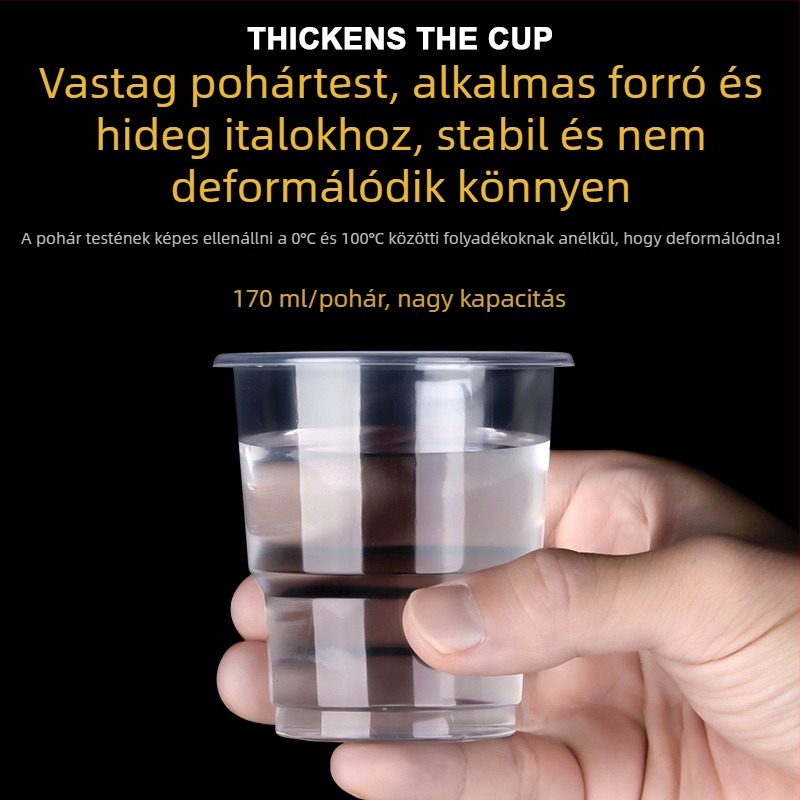 Egyszer használatos téglalap alakú műanyag pohár, PP anyagból, 101–200 ml kapacitással, víz vagy tea számára; mikrohullámú sütőben nem használható.