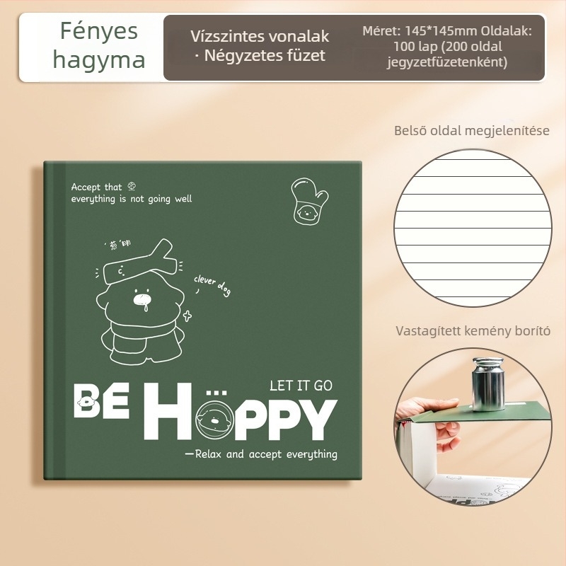 Notesz gyűrűs kötésű; nyersfa cellulóz papír; 80 g/m²; 50–100 oldal; nosztalgikus retró stílus