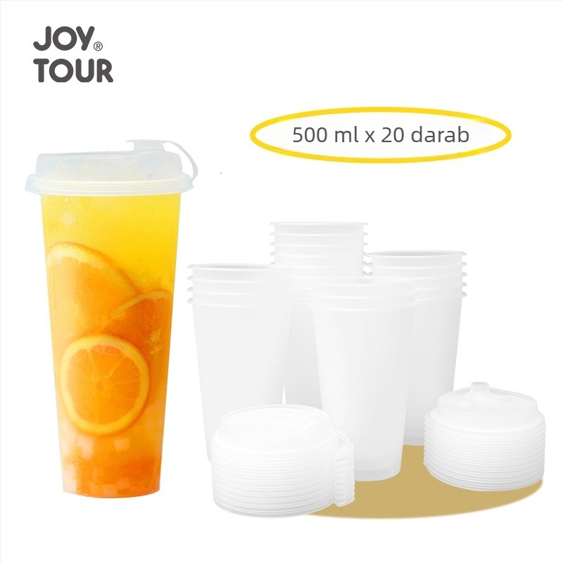 Egyszer használatos tej-tea pohár fedővel, 500 ml, műanyag, téglalap alakú, átlátszó matt mintázat, kávézók és üdítőitalok számára