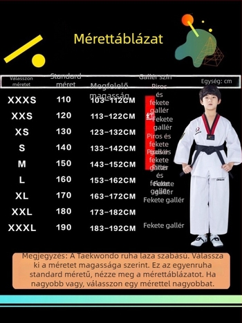 Taekwondo edzésruha készlet, 100% pamut anyagból, pamutszövettel bélelt, alkalmas Taekwondo edzésre gyermekeknek és felnőtteknek