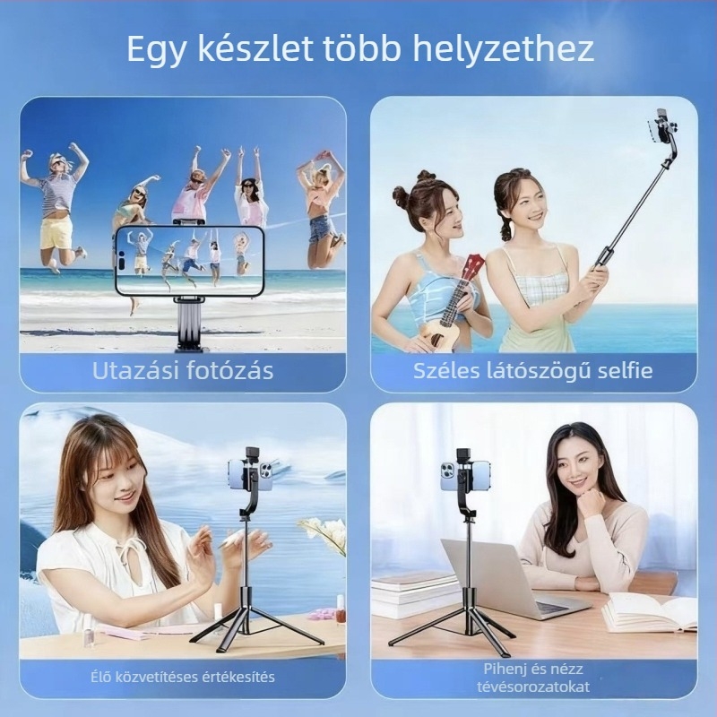 Élő közvetítéshez készült selfie bot, 360° forgás, remegés elleni stabilizáció, Bluetooth, távirányító, kültéri használatra