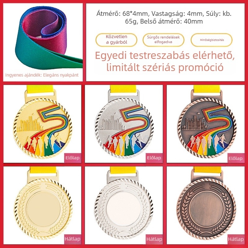 Sporteseményekre tervezett érem, testreszabható, cinkötvözet, logó nyomtatás, tömege 30–70 g