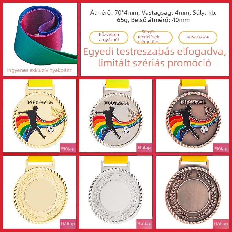 Sporteseményekre tervezett érem, testreszabható, cinkötvözet, logó nyomtatás, tömege 30–70 g