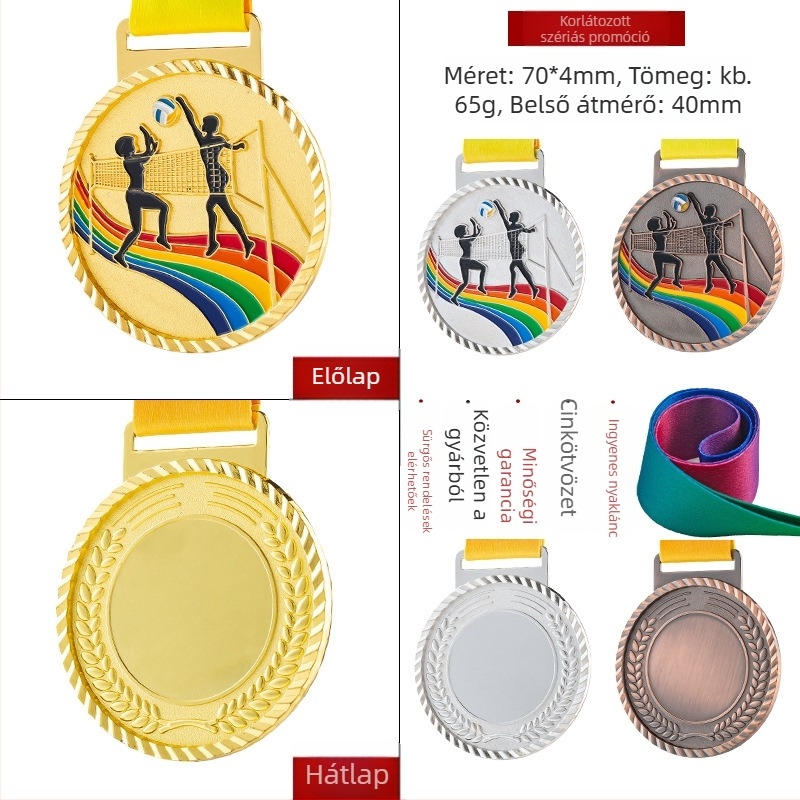 Sporteseményekre tervezett érem, testreszabható, cinkötvözet, logó nyomtatás, tömege 30–70 g