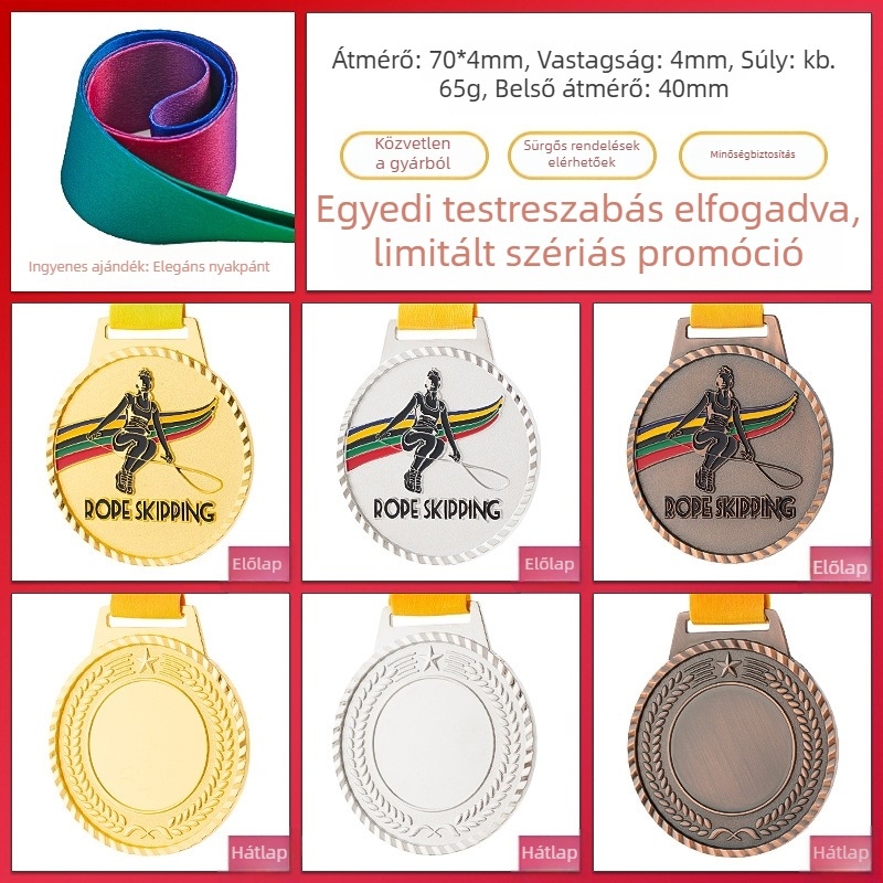 Sporteseményekre tervezett érem, testreszabható, cinkötvözet, logó nyomtatás, tömege 30–70 g