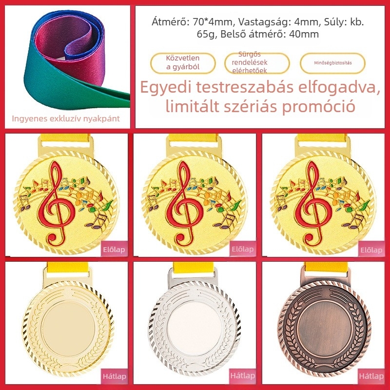 Sporteseményekre tervezett érem, testreszabható, cinkötvözet, logó nyomtatás, tömege 30–70 g