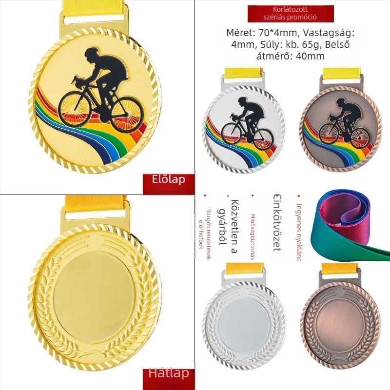 Sporteseményekre tervezett érem, testreszabható, cinkötvözet, logó nyomtatás, tömege 30–70 g