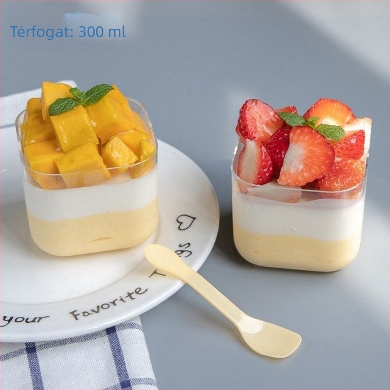 Egyszer használatos négyzet alakú desszert pohár fedővel, PS műanyag, injektált formázású, testreszabható, általános csomagolás