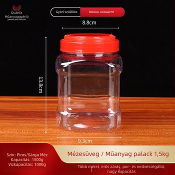 Négyzet alakú PET mézhordó, fújott formázással, kapacitás 1,5 kg, méz 1500 g, víz 1000 g
