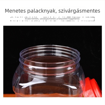 Négyzet alakú PET mézhordó, fújott formázással, kapacitás 1,5 kg, méz 1500 g, víz 1000 g