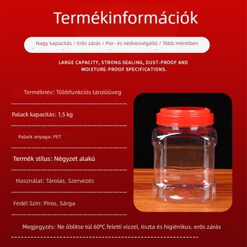 Négyzet alakú PET mézhordó, fújott formázással, kapacitás 1,5 kg, méz 1500 g, víz 1000 g