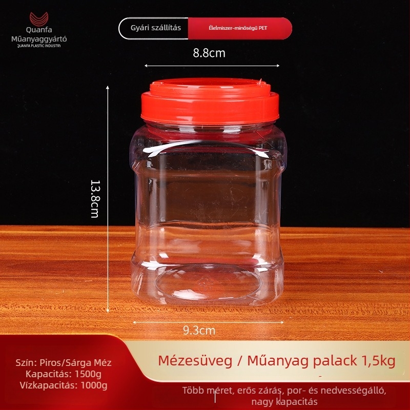 Négyzet alakú PET mézhordó, fújott formázással, kapacitás 1,5 kg, méz 1500 g, víz 1000 g