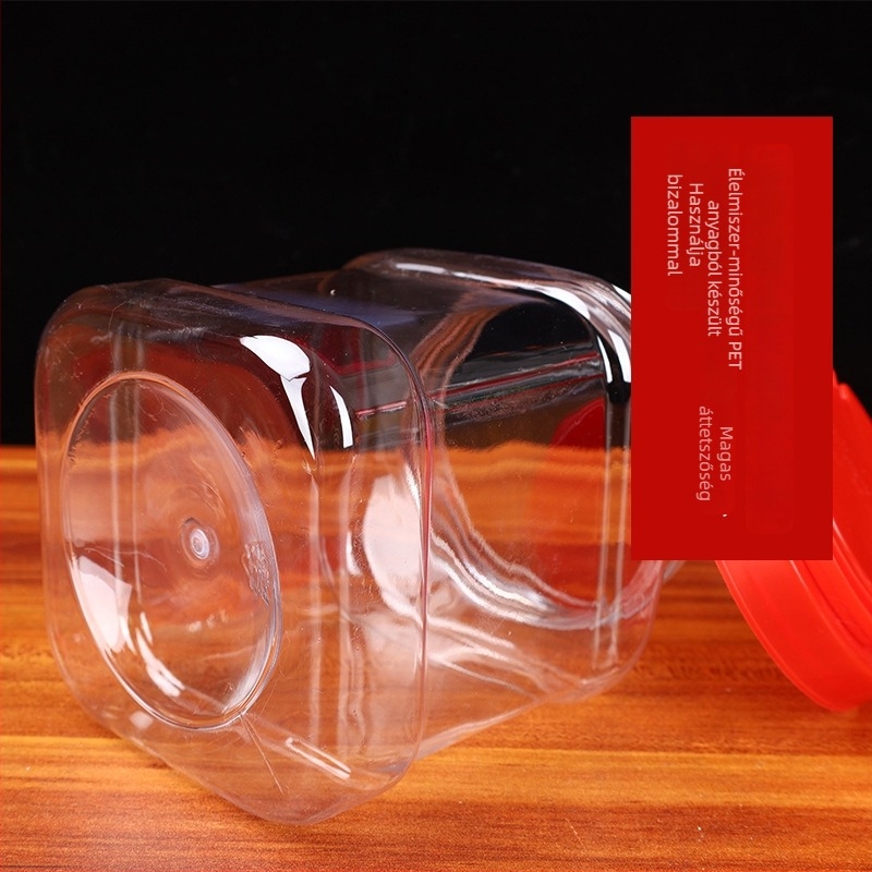 Négyzet alakú PET mézhordó, fújott formázással, kapacitás 1,5 kg, méz 1500 g, víz 1000 g