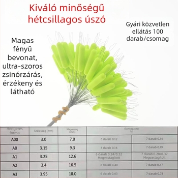 Műanyag hétcsillagos horgász úszó, olíva alakú, hengeres test, aerodinamikus kialakítású, kiegészítő a horgászathoz
