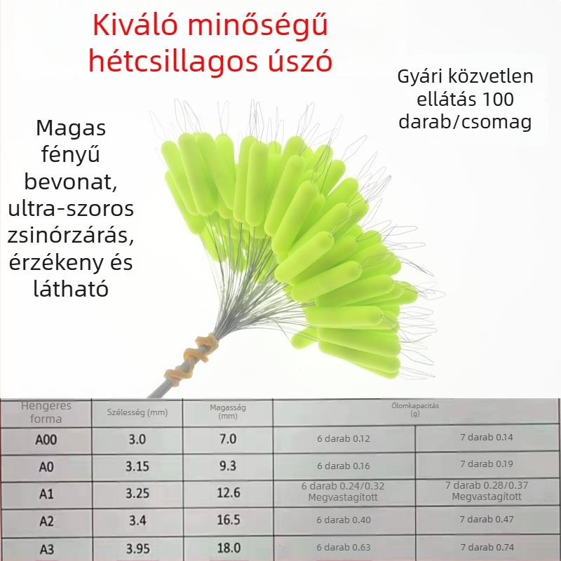 Műanyag hétcsillagos horgász úszó, olíva alakú, hengeres test, aerodinamikus kialakítású, kiegészítő a horgászathoz