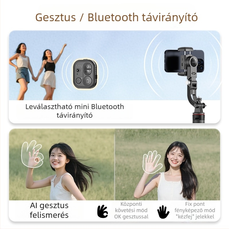 Usatisfy AI arcfelismerés 360° kamera stabilizátor Gimbal Bluetooth — hordozható selfie pálka Pro, műanyag kivitel, távirányítóval
