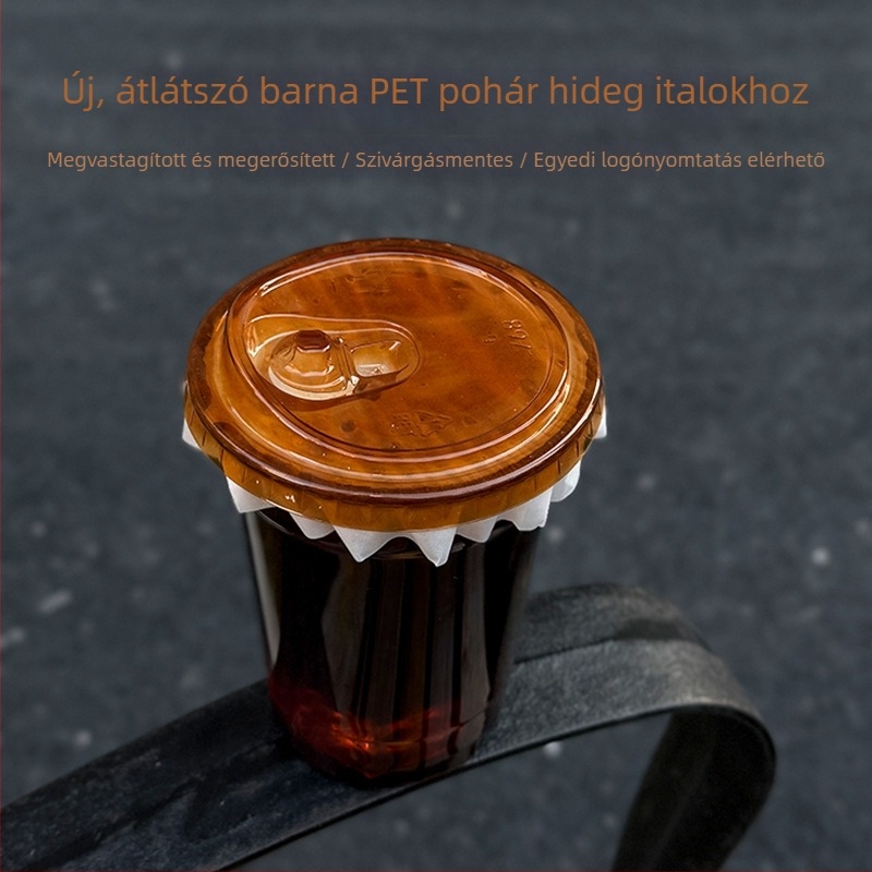 Új barna egyszer használatos PET pohár kávéhoz és tejeskávéhoz, 90 mm átmérőjű hideg italokhoz, fedővel, take-away és kereskedelmi felhasználásra, logóval