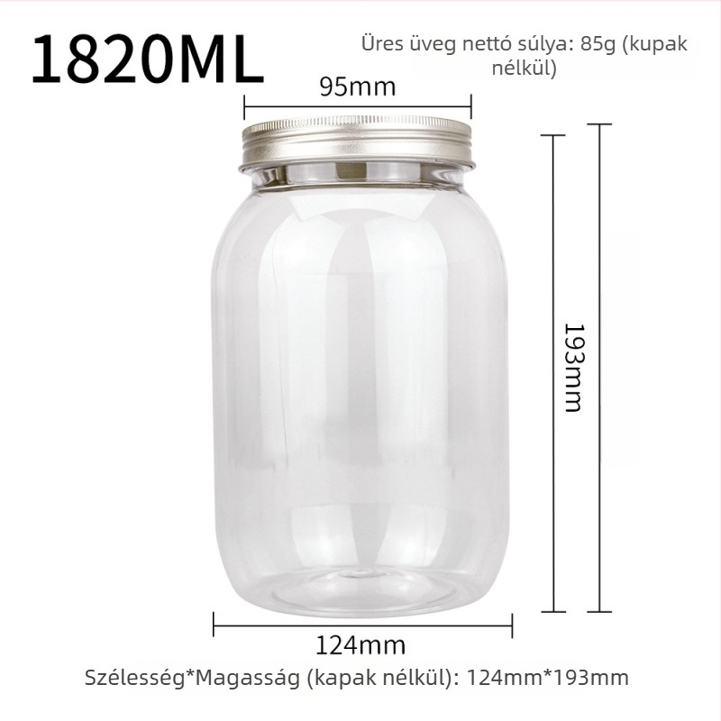 PET diótároló üveg, 1820 ml kapacitás, könnyen nyíló fedél, átlátszó vagy alumínium fedél
