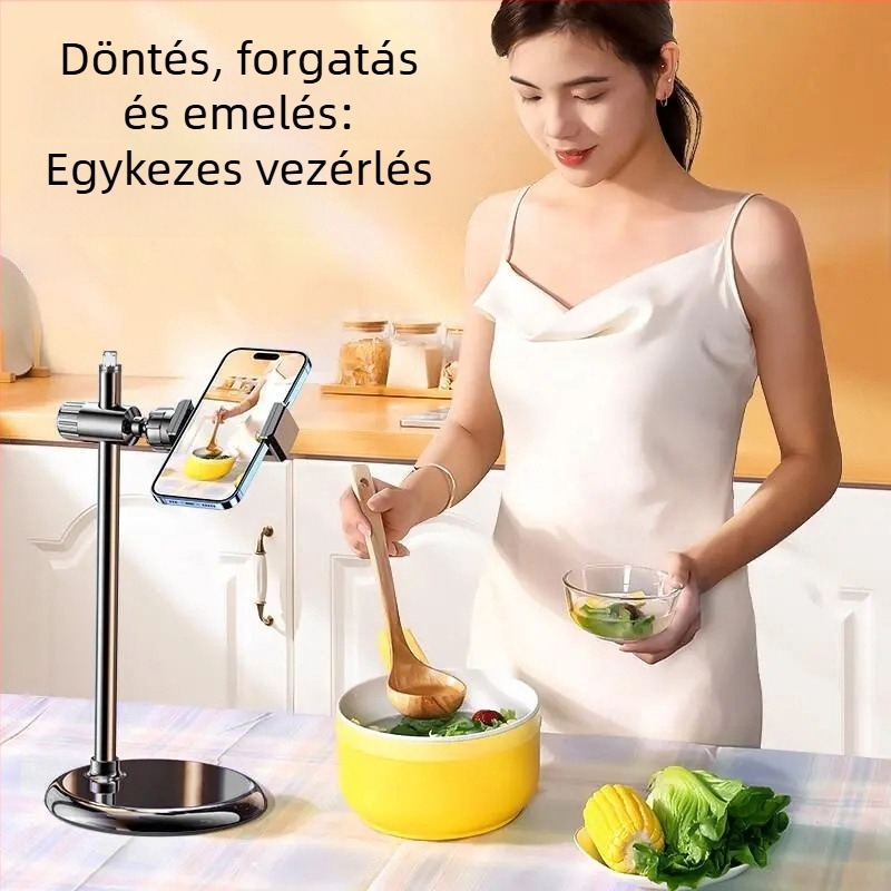 Asztali tartó telefonhoz és tablethez felvételhez, ötvözet+ABS kivitel, általános célú, testreszabás támogatott