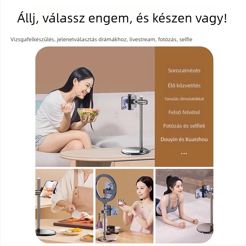 Asztali tartó telefonhoz és tablethez felvételhez, ötvözet+ABS kivitel, általános célú, testreszabás támogatott