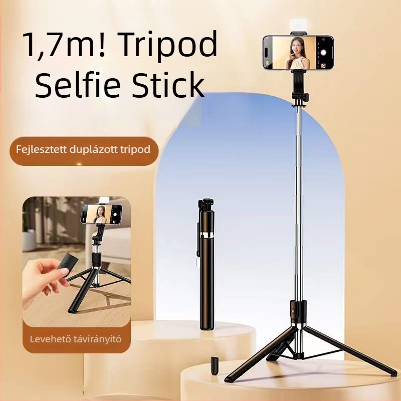 Bluetoothos selfie bot távirányítóval, kézi stabilizátorral és padlóra álló tripoddal élő közvetítéshez