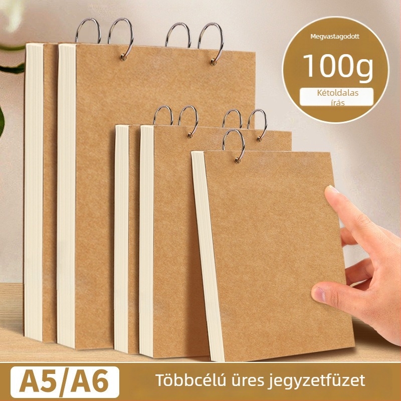 Füzet, oldható kötésű, kraftpapírral borított, oldalai nyersfa cellulózból, papír súlya 100 g, 50–100 oldal