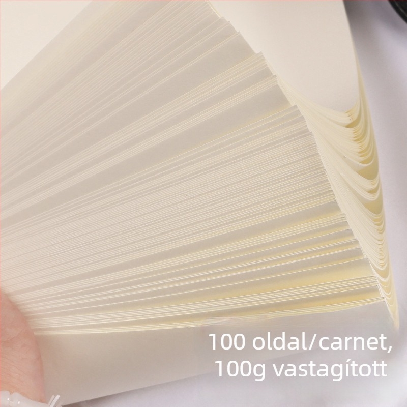 Füzet, oldható kötésű, kraftpapírral borított, oldalai nyersfa cellulózból, papír súlya 100 g, 50–100 oldal