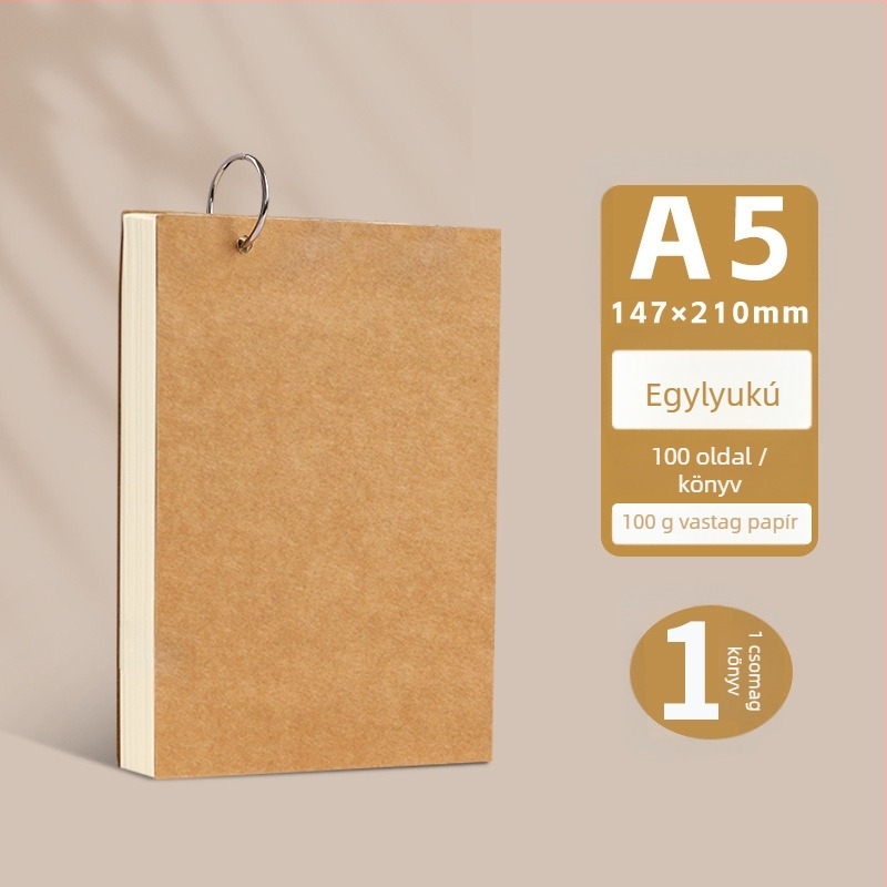 Füzet, oldható kötésű, kraftpapírral borított, oldalai nyersfa cellulózból, papír súlya 100 g, 50–100 oldal
