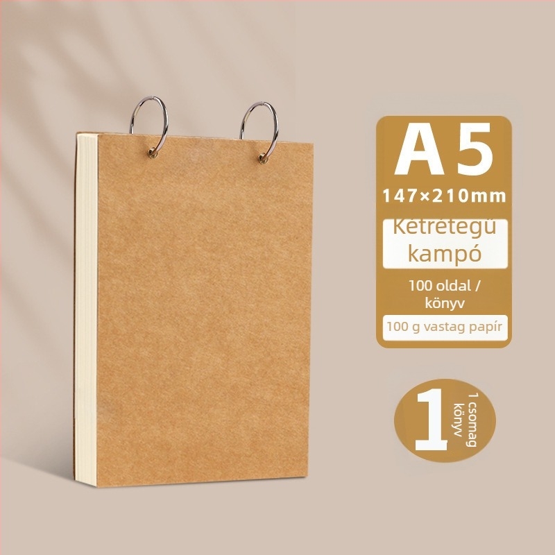 Füzet, oldható kötésű, kraftpapírral borított, oldalai nyersfa cellulózból, papír súlya 100 g, 50–100 oldal