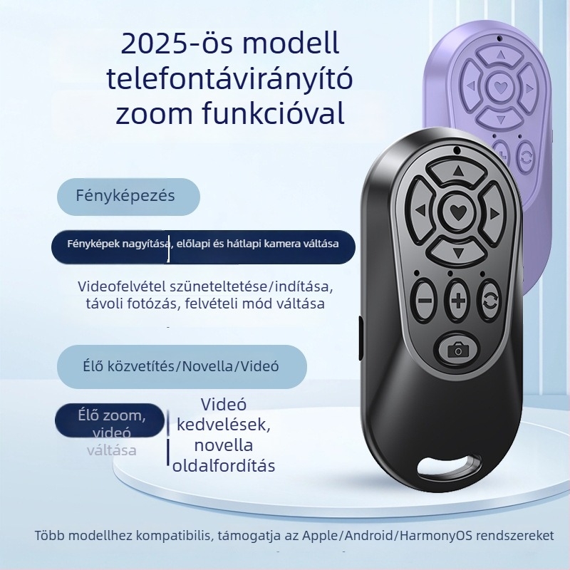 Újratölthető Bluetooth zoomos önarckép-készítő eszköz okostelefonokhoz, távirányítóval fényképezésre, élő közvetítésre, videómegnézésre és oldalak lapozására.