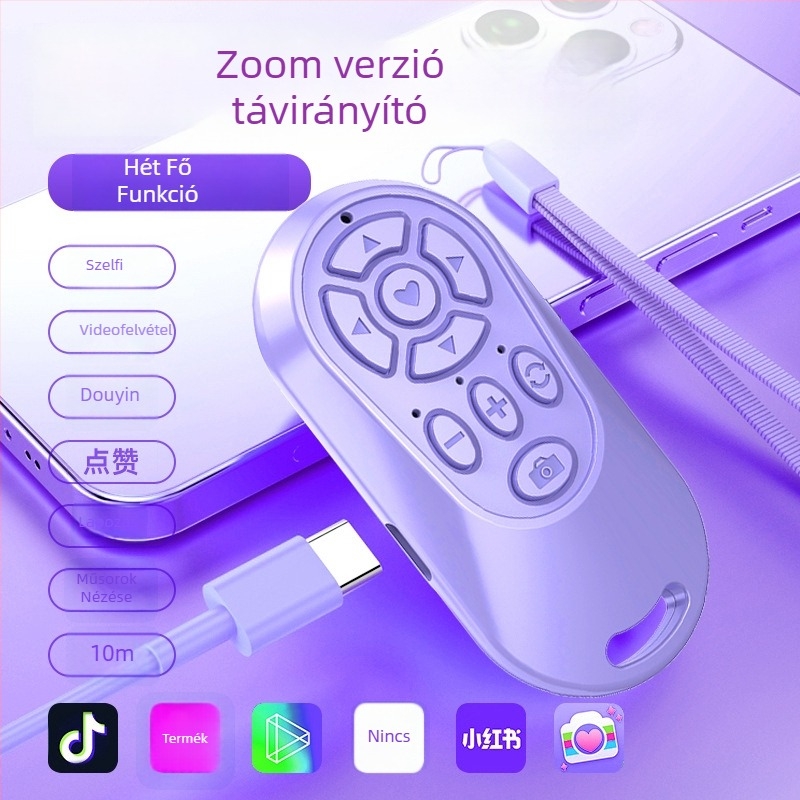 Újratölthető Bluetooth zoomos önarckép-készítő eszköz okostelefonokhoz, távirányítóval fényképezésre, élő közvetítésre, videómegnézésre és oldalak lapozására.