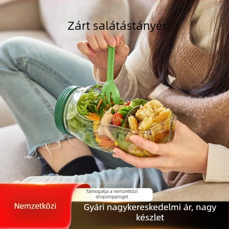 Salátatároló, műanyag, szivárgásmentes, mikrohullámú sütőben használható, kétszintes, 800–1000 ml