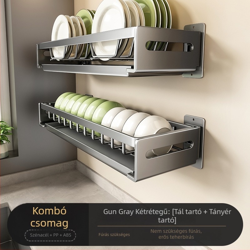 Gunmetal Gray falra szerelhető tál- és tányértartó, mosogató konyhai rendező, fúrás nélkül