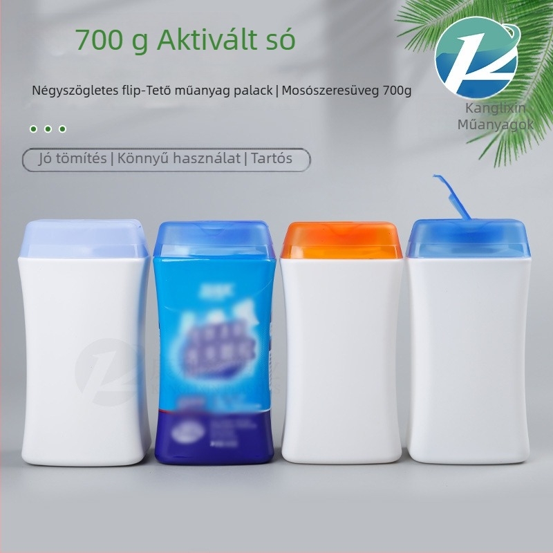 HDPE négyszögletes porflakon flip-top kupakkal és tömítőgyűrűvel, 700 g kapacitás, testátmérő 96 mm, magasság 186 mm