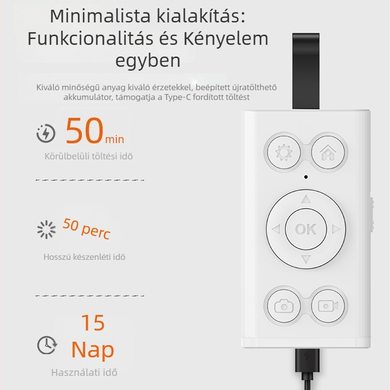Töltésre képes Bluetooth videó távirányító okostelefonokhoz (Selfie gomb, Like, Oldalváltás) (DY18; BT 4.2; ABS; 35 g)