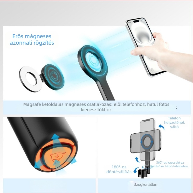 Alumínium ötvözetű Bluetooth-szelfi állvány 360° forgással, távirányítóval és a márka testreszabásának lehetőségével