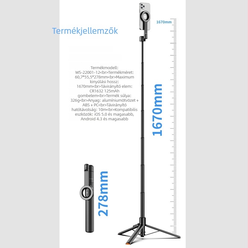Alumínium ötvözetű Bluetooth-szelfi állvány 360° forgással, távirányítóval és a márka testreszabásának lehetőségével