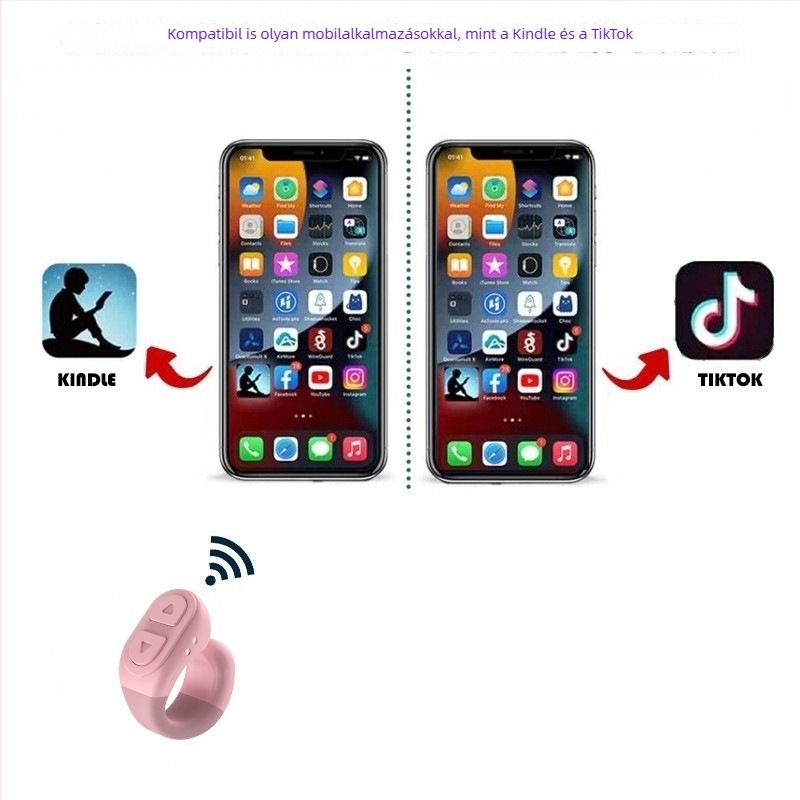 Bluetooth távirányító okostelefonokra – érintésgombos gyűrű a szelfikhez, modell TP-1, Bluetooth 5.0, ABS, 35 g, egy gombos alvó mód és hangerőszabályzás