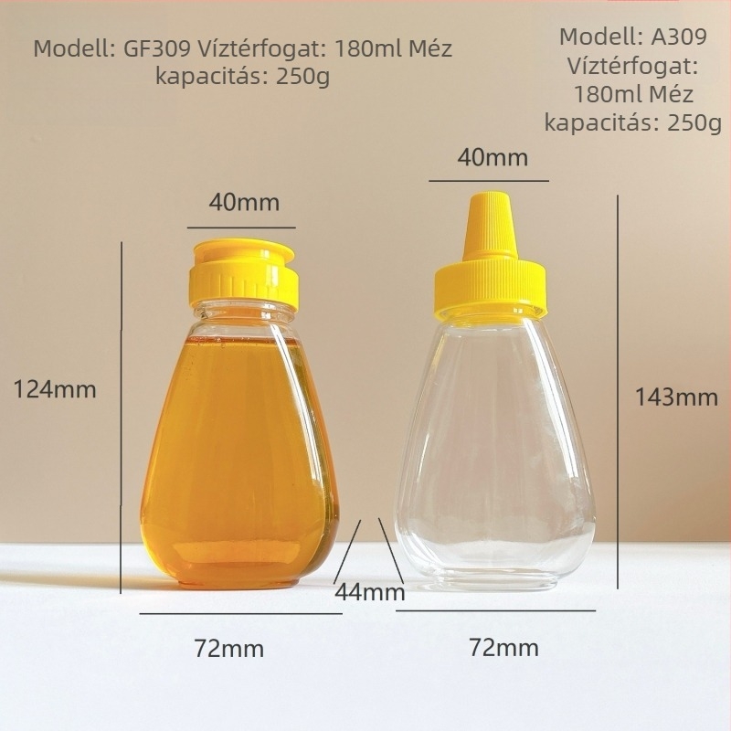 Mézes üveg fan alakú nyomófejjel és szilikon szeleppel, PET műanyagból, modell GF064, Yi Rui