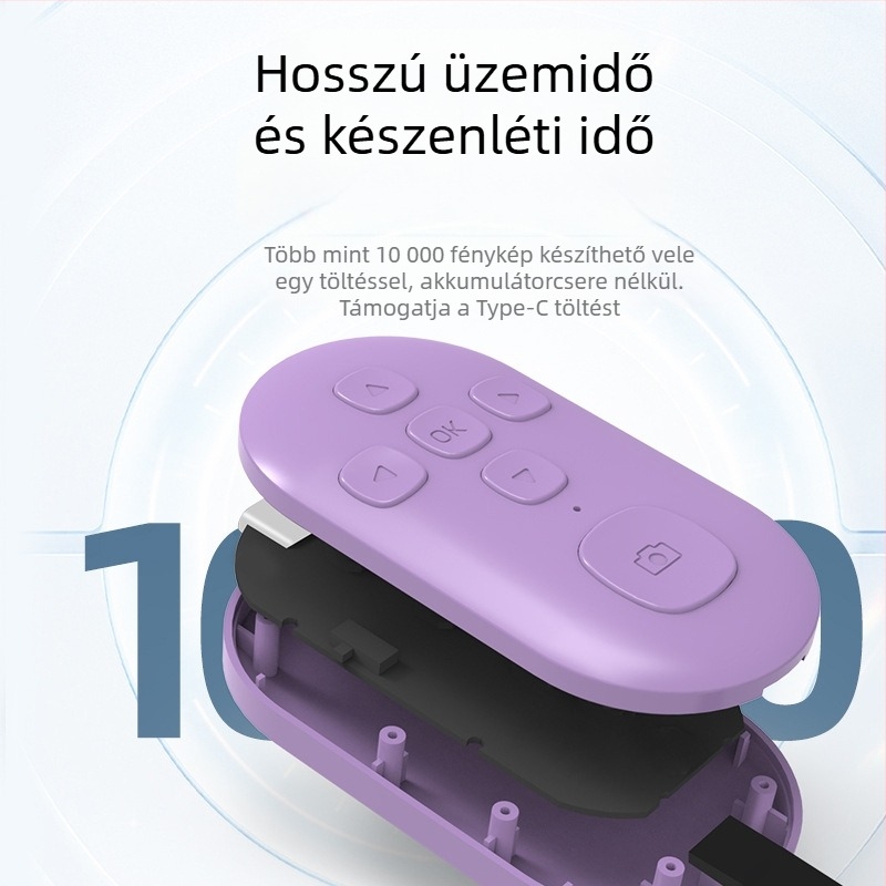 Újratölthető Bluetooth videó távvezérlő Type-C csatlakozóval, 10–15 m hatótávolság, ABS ház, egy kattintásos fotó funkció, Android/iOS kompatibilis