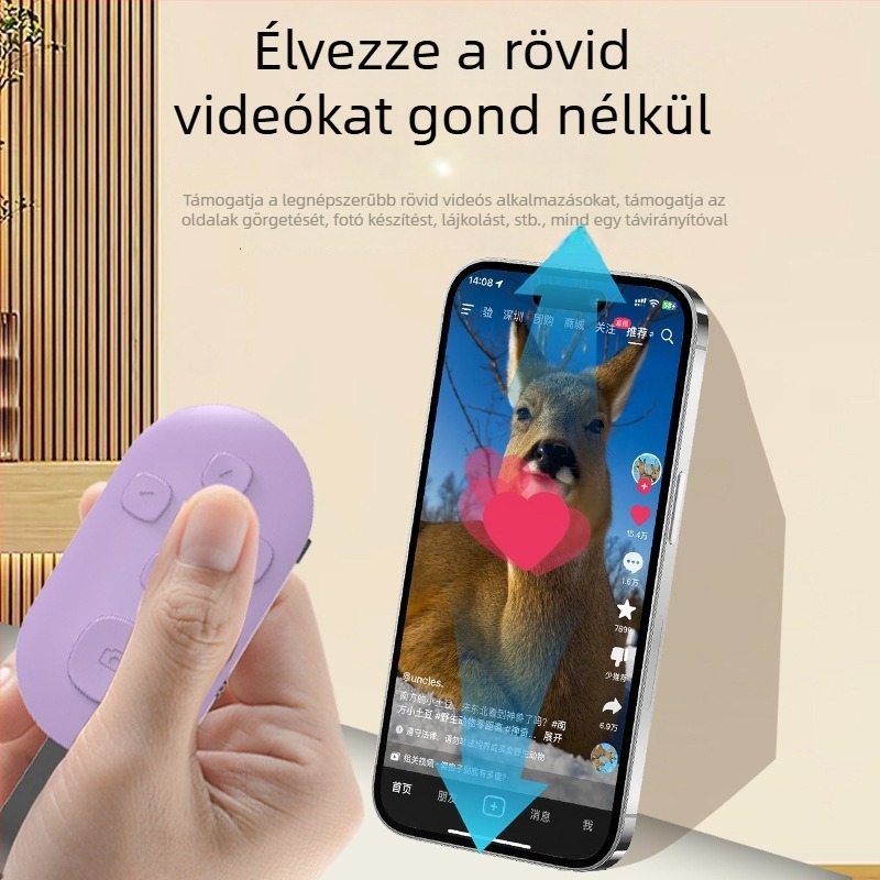 Újratölthető Bluetooth videó távvezérlő Type-C csatlakozóval, 10–15 m hatótávolság, ABS ház, egy kattintásos fotó funkció, Android/iOS kompatibilis