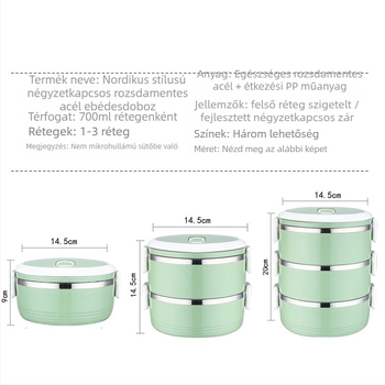 Rozsdamentes acélból készült ebéddoboz, hőszigetelt, kerek, háromrétegű kialakítás, kapacitások 0,3–0,5 L / 1–2 L / 2,1–3 L
