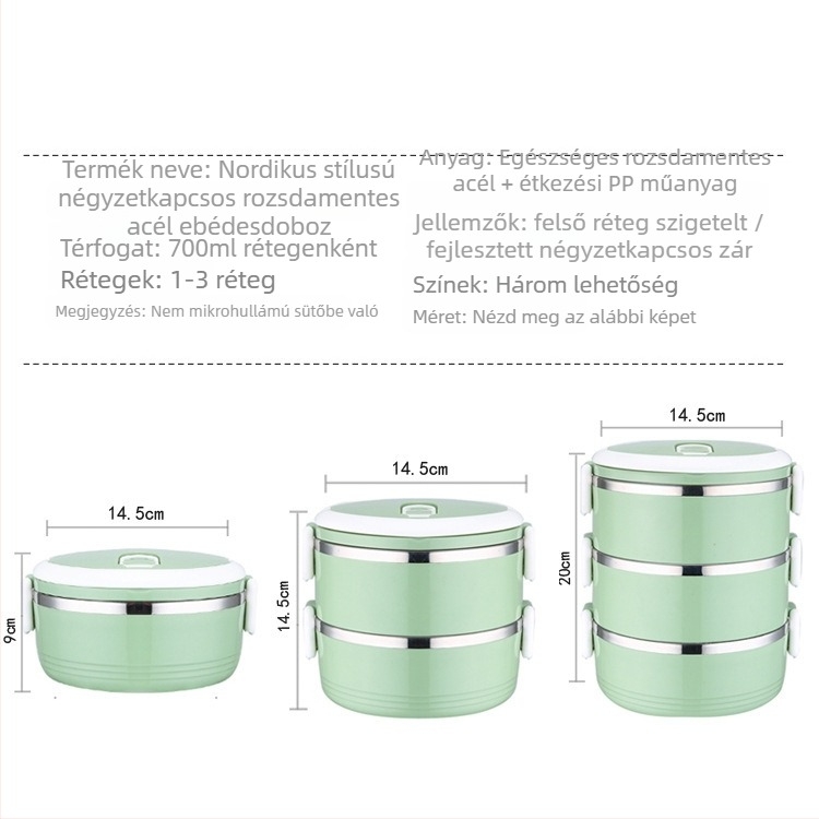 Rozsdamentes acélból készült ebéddoboz, hőszigetelt, kerek, háromrétegű kialakítás, kapacitások 0,3–0,5 L / 1–2 L / 2,1–3 L