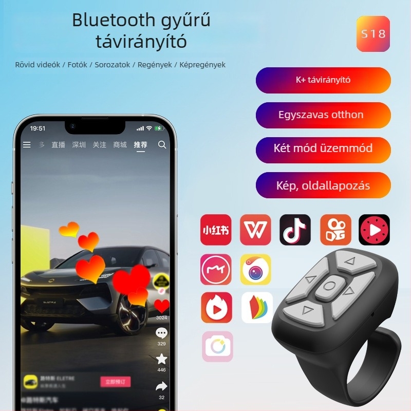 Bluetooth-selfie gyűrűs távirányító alkalmazásvezérléssel, modell S18, Bluetooth 4.0, ABS, tömeg 10 g