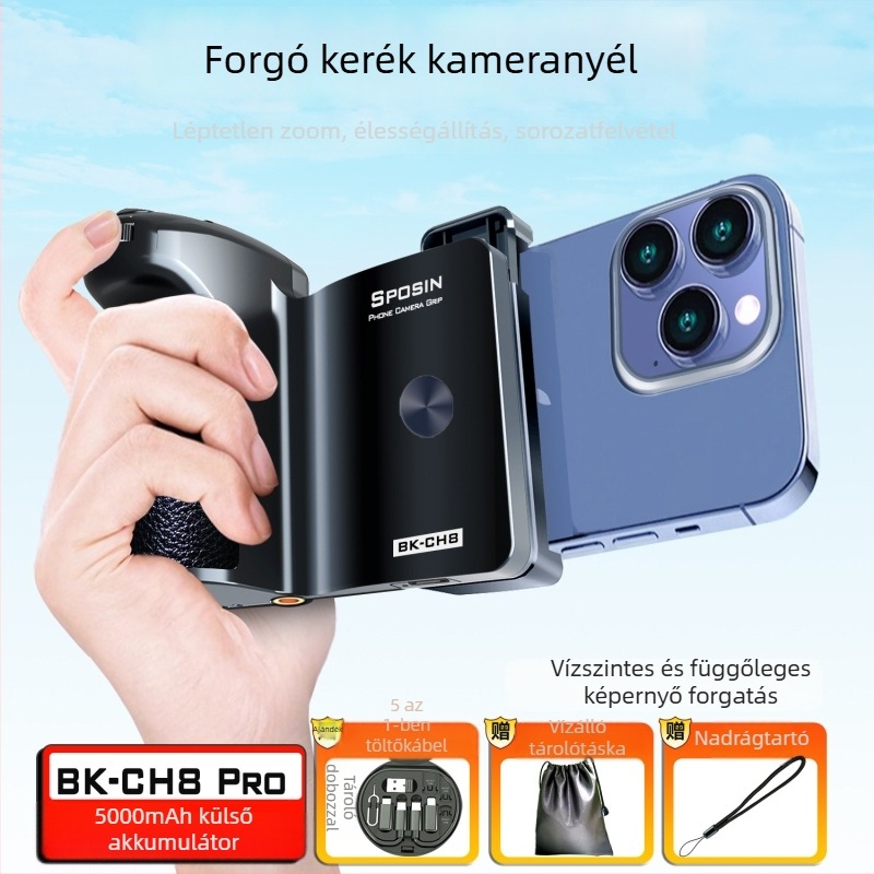 Telefonos kamera stabilizátor Bluetooth távirányítóval, léptetés nélküli zoom, rezgésmentes markolat utazásokhoz is vloghoz, modell BK-CH8, Bluetooth 5.2, kompatibil 55–93 mm-es telefonokkal, távolság 15 m