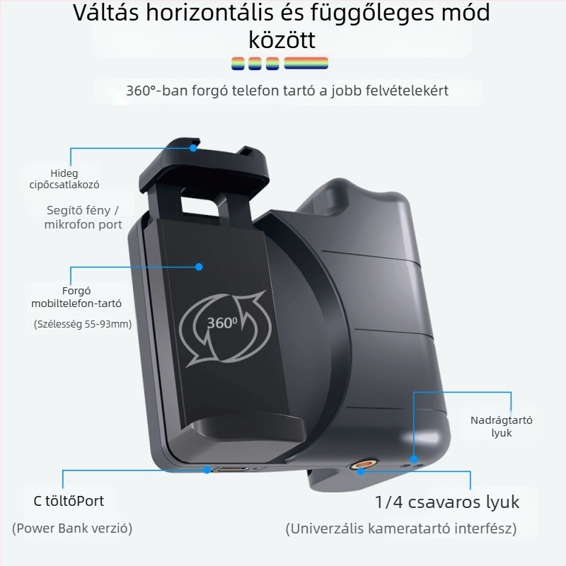 Telefonos kamera stabilizátor Bluetooth távirányítóval, léptetés nélküli zoom, rezgésmentes markolat utazásokhoz is vloghoz, modell BK-CH8, Bluetooth 5.2, kompatibil 55–93 mm-es telefonokkal, távolság 15 m