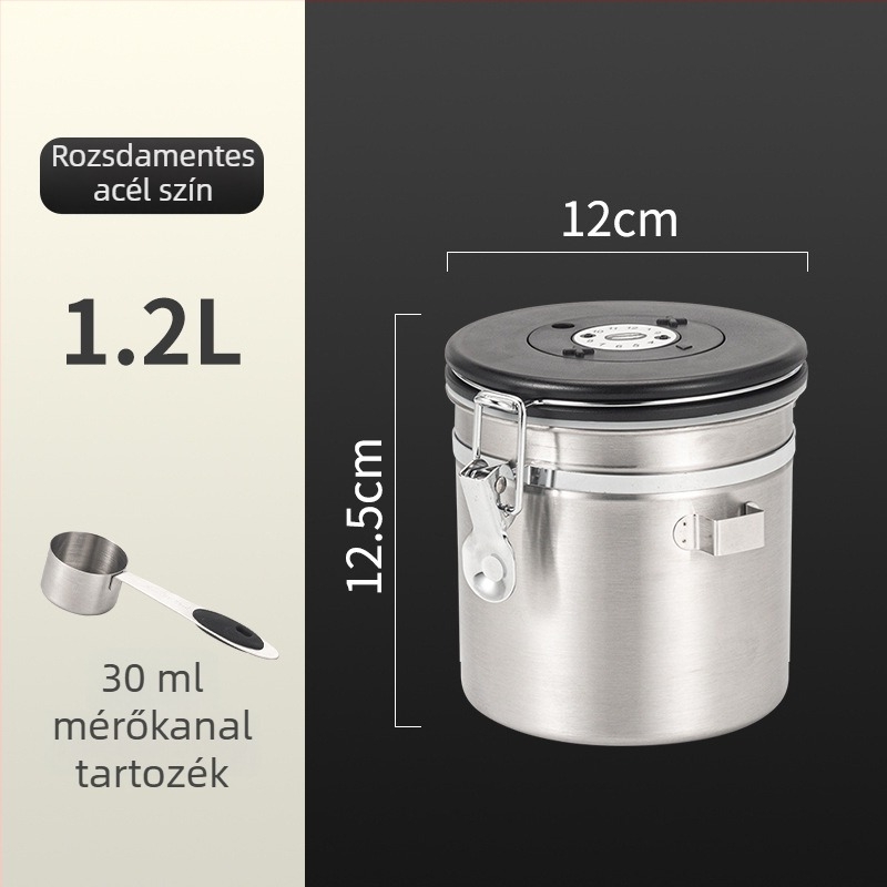304 rozsdamentes acél kávészem-tároló, vákuumzáras, kör alakú, 1–2 L kapacitás, modern minimalista stílus