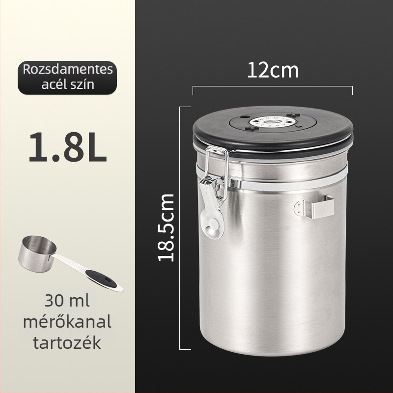 304 rozsdamentes acél kávészem-tároló, vákuumzáras, kör alakú, 1–2 L kapacitás, modern minimalista stílus